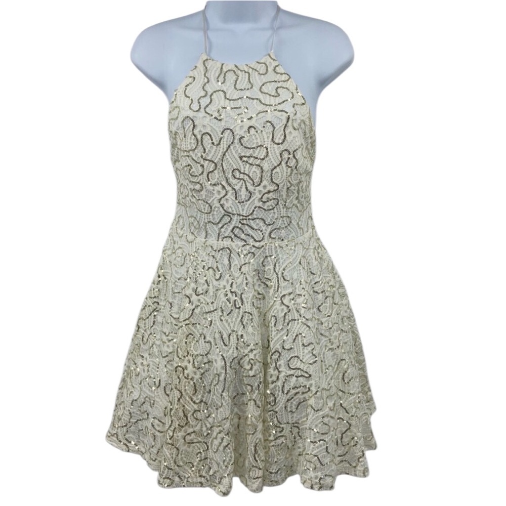 b darlin gold and white dress B. Ivory Sequin Homecoming Mini Size 5/6 Lace
